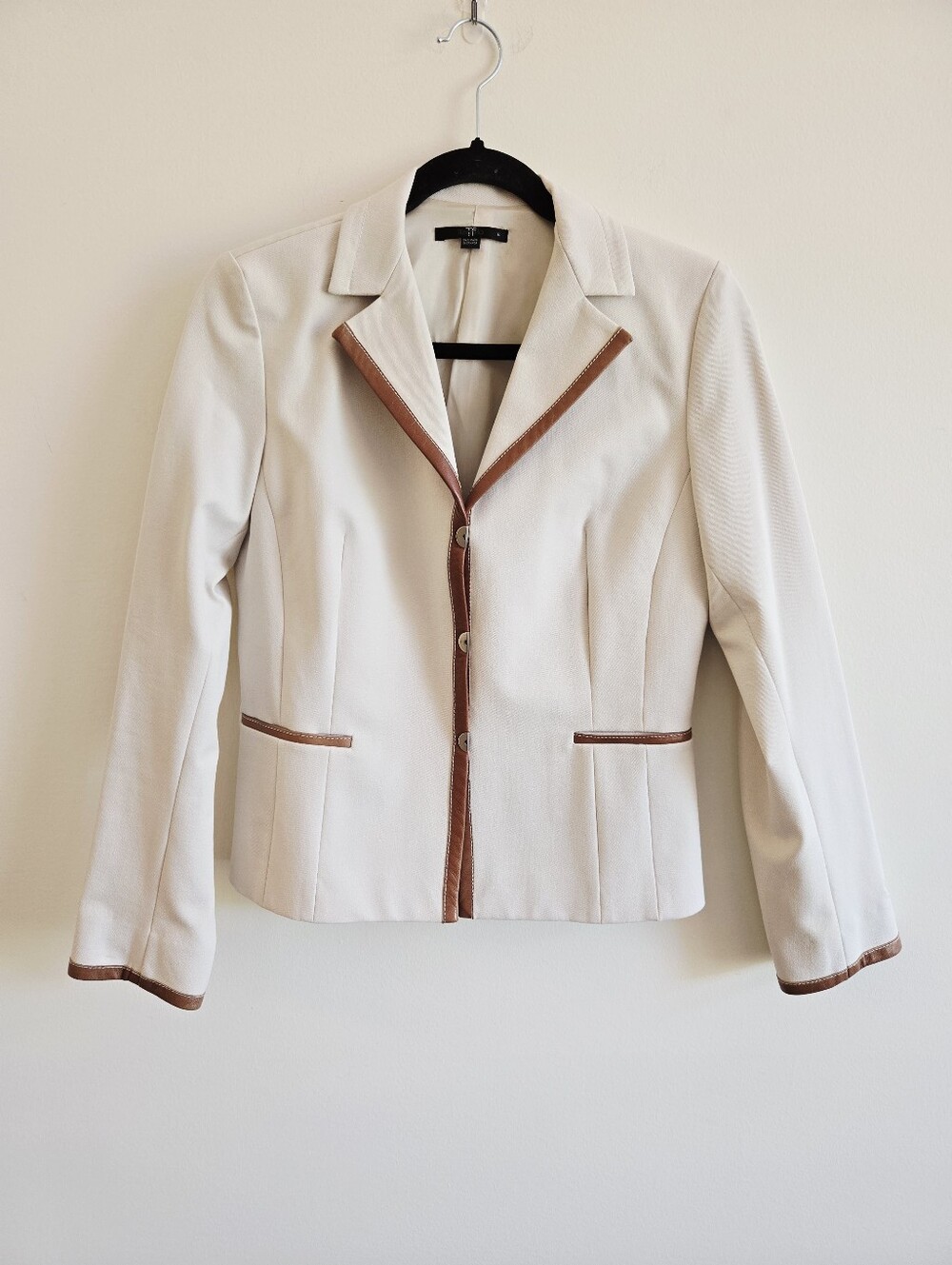 TEENFLO  | US 6 (S) Cotton Blazer Jacket with Faux Leather Trim | cream brown